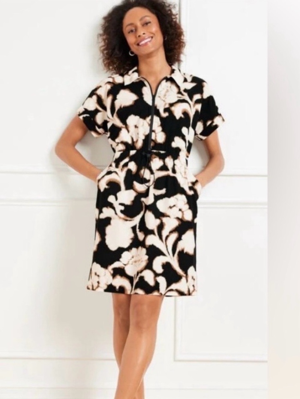 Talbots Black and Cream Floral Zip-Front Shirt Dress